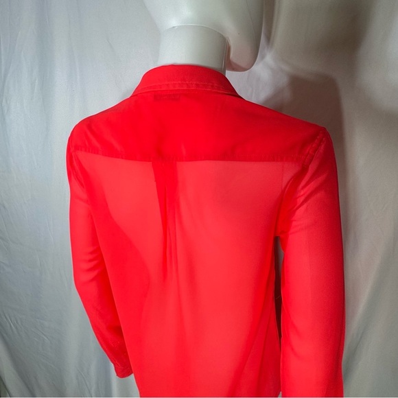 American Eagle Women’s Neon Coral Sheer Long Sleeve Button Down Blouse - Picture 4 of 7